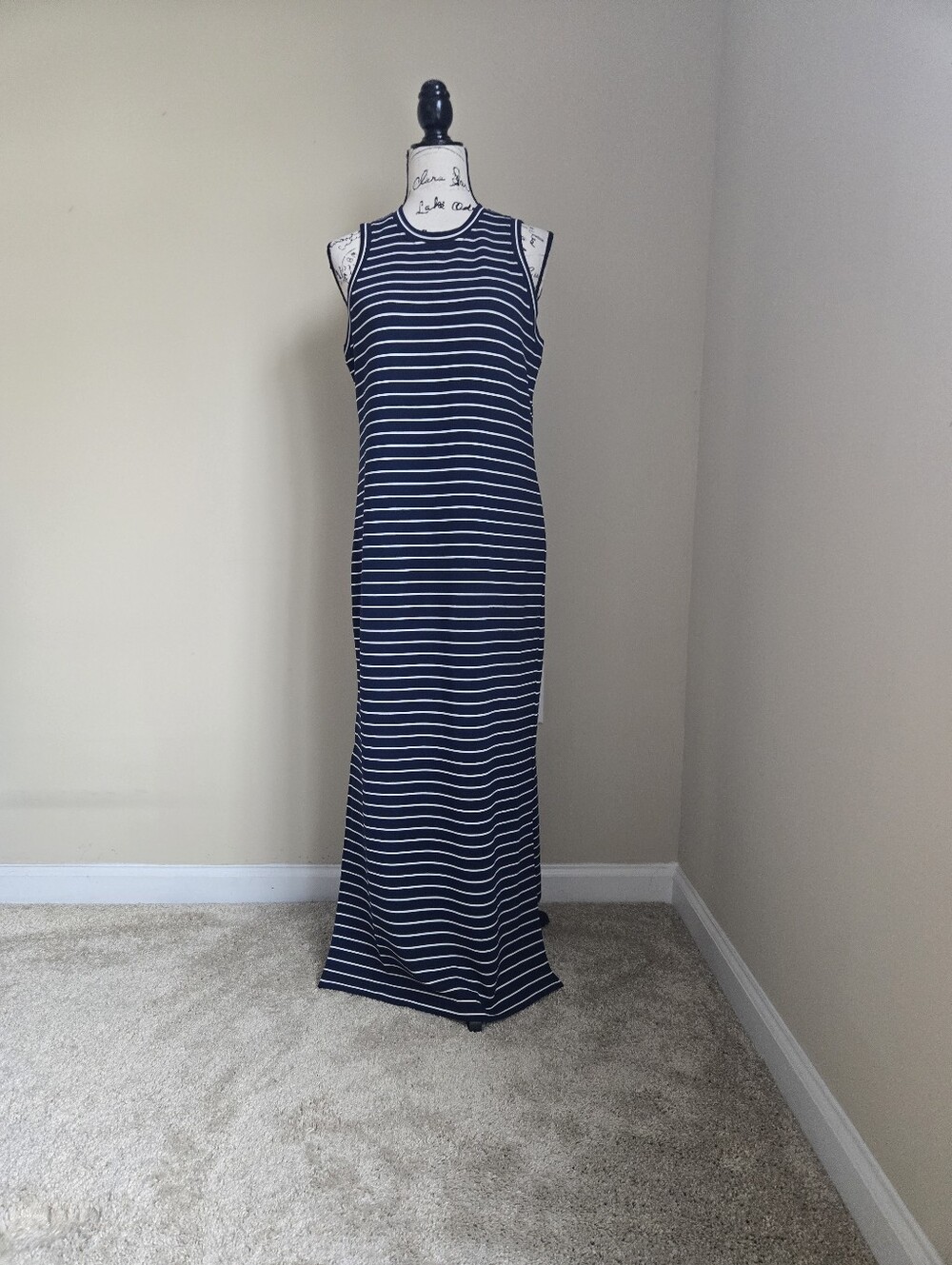 Spanx Air Essentials Sleeveless Maxi Dress Womens S Navy Stripe Side Slit